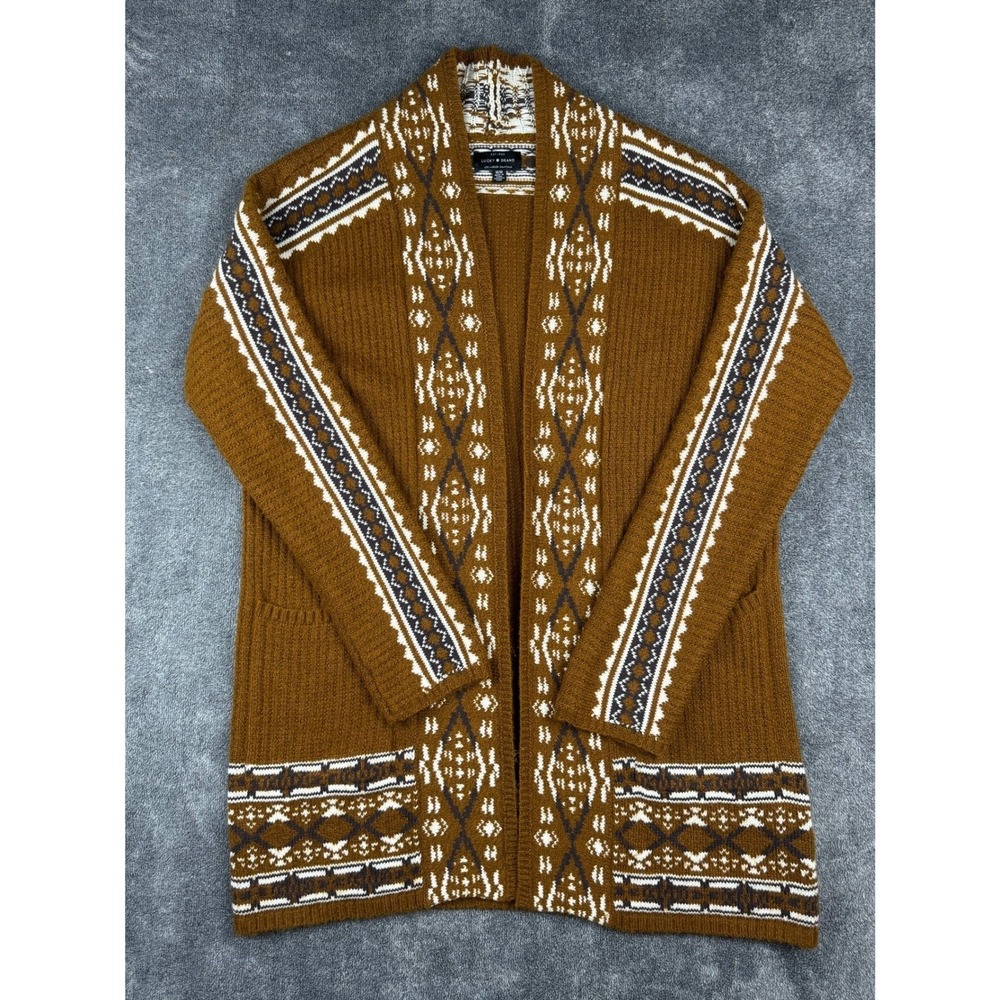 Lucky Brand Mens Brown Southwestern Geometric Open Front Cardigan Sweater Medium - Picture 3 of 15
